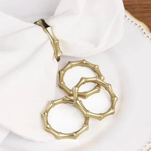 4 Gold 2 Round Metal Dinner Napkin Rings Bamboo Knuckle Design Party Decorations