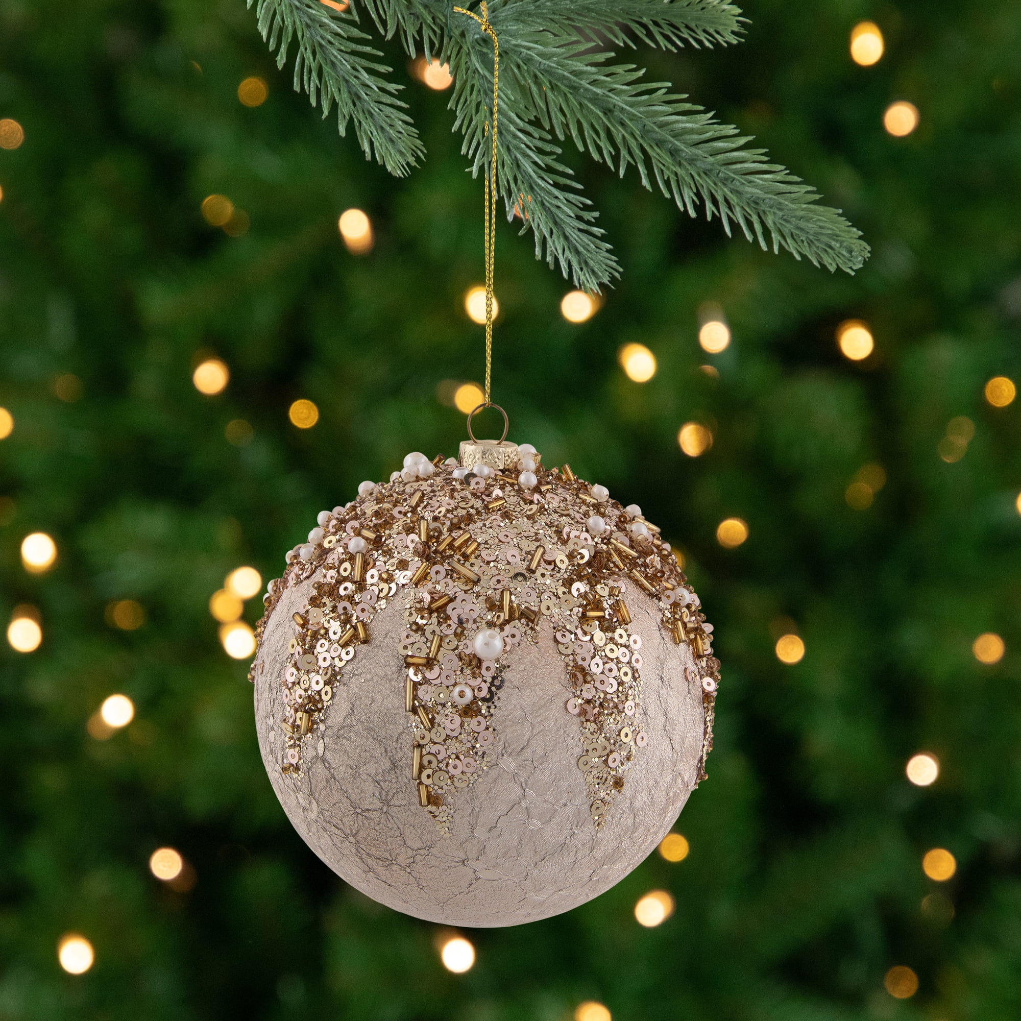 4" Gold Mercury Glass Style Shatterproof Christmas Ball Ornament with Beads