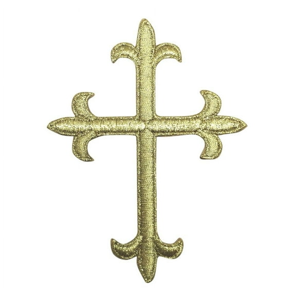 4" Gold Metallic Cross - Fleur De Lis - Religious - Iron On Applique/Embroidered Patch