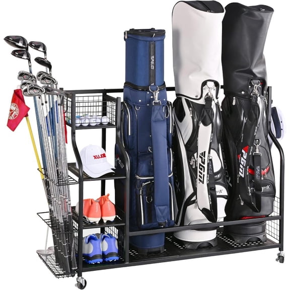 4 Golf Bag Garage Storage Organizer Rack, Metal Rolling Golf Equipment Cart Holds Up to 3 Golf Bags, Club Holder, Multi Shelves & Removable Hooks, Mobile Golf Gear Storage Stand with Lockable Casters