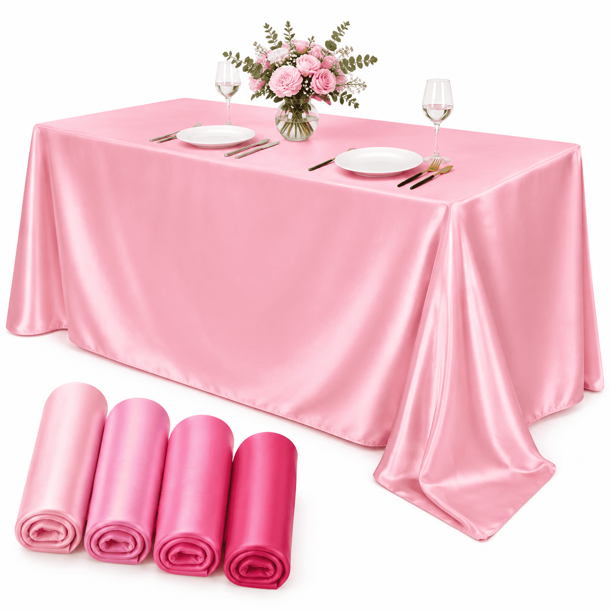 4 Gradient Pink Satin Tablecloth 102 X 58'' Overlay Table Cover ...
