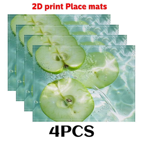 Of 4 Green Apple Placemats Featuring a 2D Print of Apple Slices in Water, Measuring 12X18 Inches - a Luxurious And Durable Table Pad Suitable for Dining And Kitchen Use