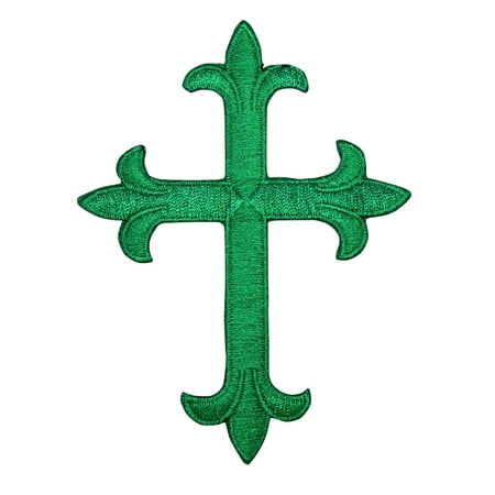 4" Green Cross - Fleur De Lis - Religious - Iron On Applique/Embroidered Patch