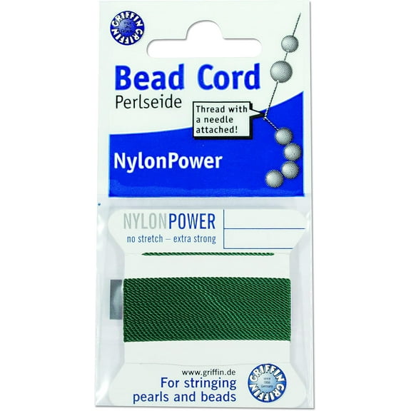 Griffin Nylon Bead Cord Perlseide - Green Color – Size 4 (0.60mm) – 2 meters per card – Stainless Steel Needle Attached – For Knotting Pearls, Gemstones, Crystals and Beads