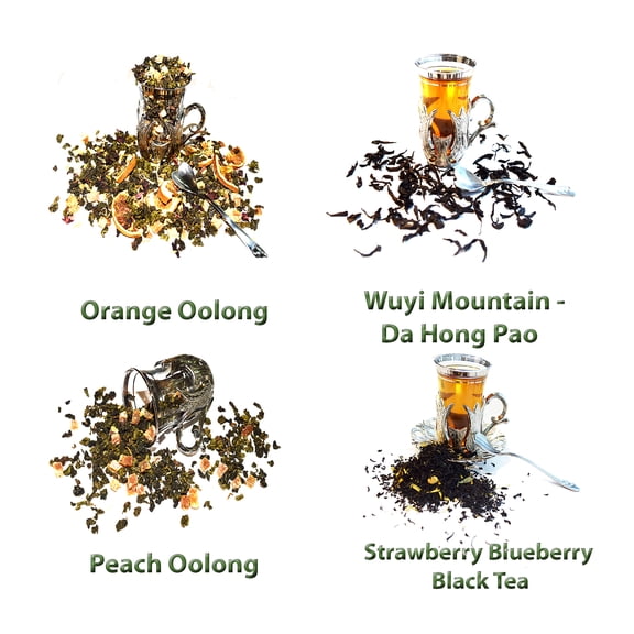 Oolong and Black Tea Samplers, Caffeinated, Strawberry Blueberry Black Tea, Wuyi Oolong Tea, Peach Oolong, Orange Oolong, Loose Leaf Tea