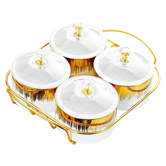 4-Grid Fruit Plate, Middle Eastern Style Snack Plate with Lids, Gold Trimmed Ceramic Candy Plate, Decorative Dried Fruit Plate with Metal Stand, Serving Platter for Home, Parties, Weddings
