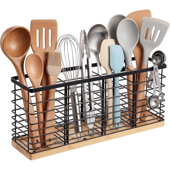 4-Grid Kitchen Utensil Holder, Black Iron Wire Organizer with Base, Countertop & Wall Mount Cooking Tool Caddy, 15.7×7.1×4.3" Large Capacity Storage