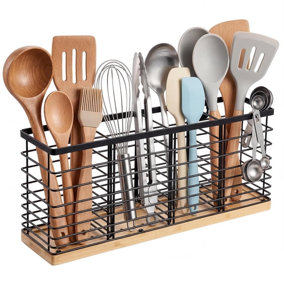 4-Grid Kitchen Utensil Holder, Black Iron Wire Organizer with Base ...