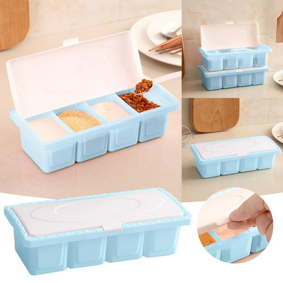 4 Grid Multi-Function Seasoning Box and Container With Cover and Spoon, Four Compartment Spice Shaker Jars and Pots, Condiment Cruet Bottle and Storage Organizer Kitchen Supplies