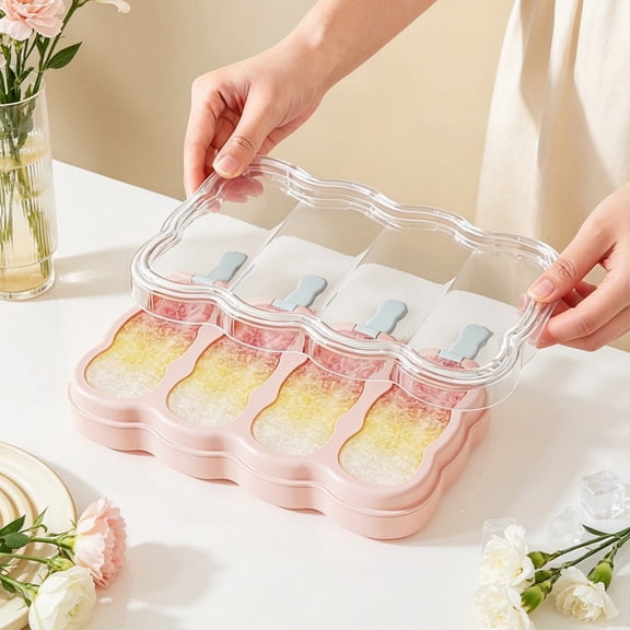 4-Grid Popsicle Maker, Wenini Food-Grade Plastic Ice Cream Press & Drop Design, Homemade Popsicle Tray for Fruit Yogurt Ice Pops with Dust Cover for Summer, Pink