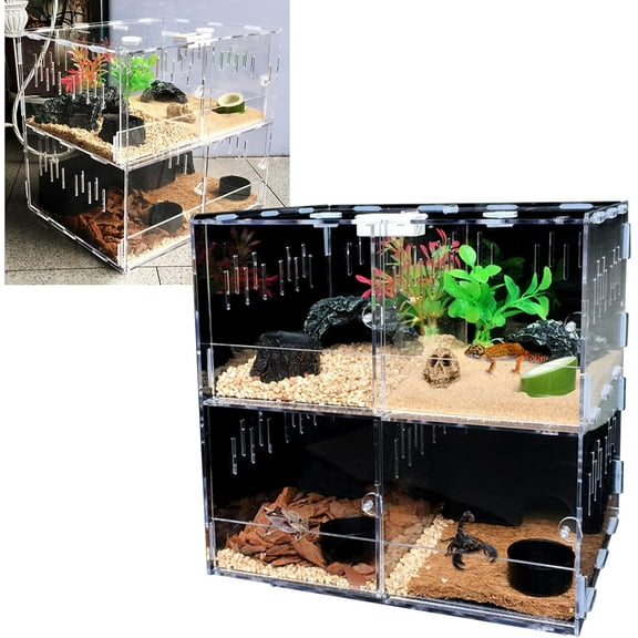 4 Grids Acrylic Reptile Cage with Thermometer, Multiple Ventilation Holes, Upper Flip Cover, Mortise Lock, Insect Cage for Spiders, Horned Frogs, Geckos, Snakes