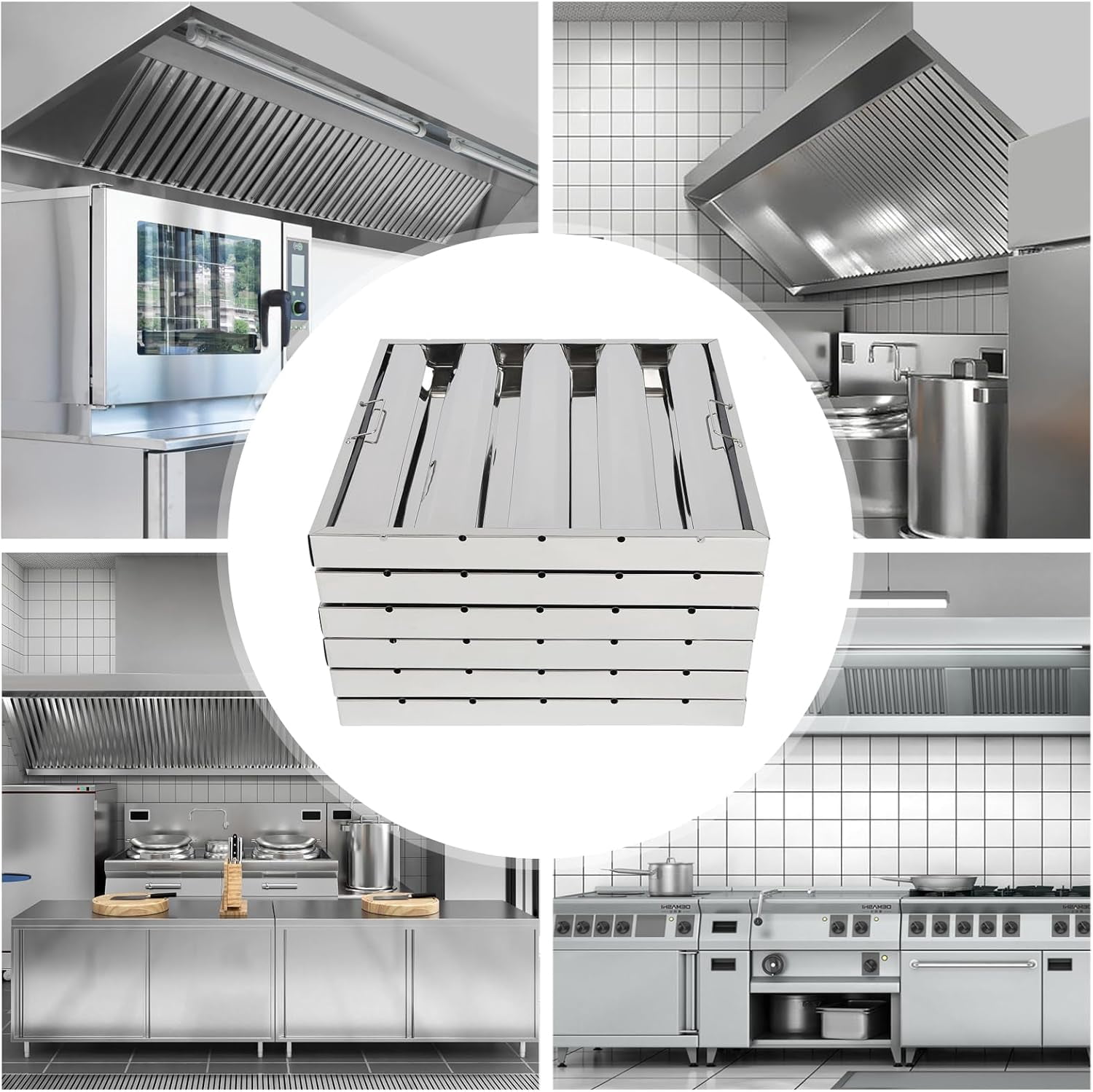 4 Grooves Commercial Kitchen Hood Filter Pack of 6, 19.5W x 19.5H Inch 430 Stainless Steel Range Hood Baffle Grease Filter for Restaurant Exhaust Hoods, Square