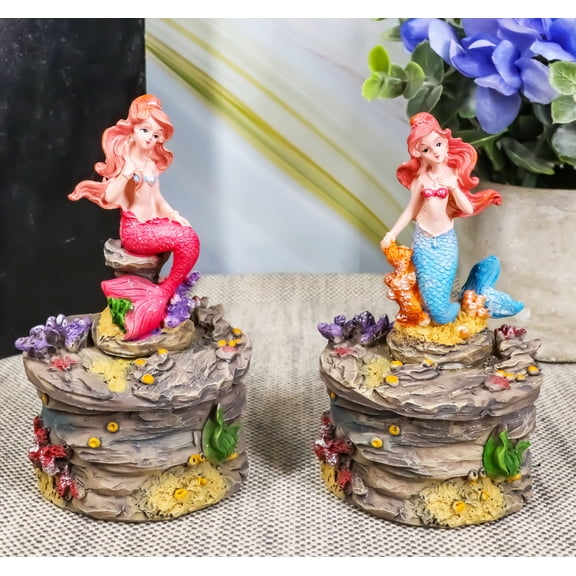 4"H Blue And Pink Tail Mermaid Mergirls On Corals Decorative Box Set Of 2