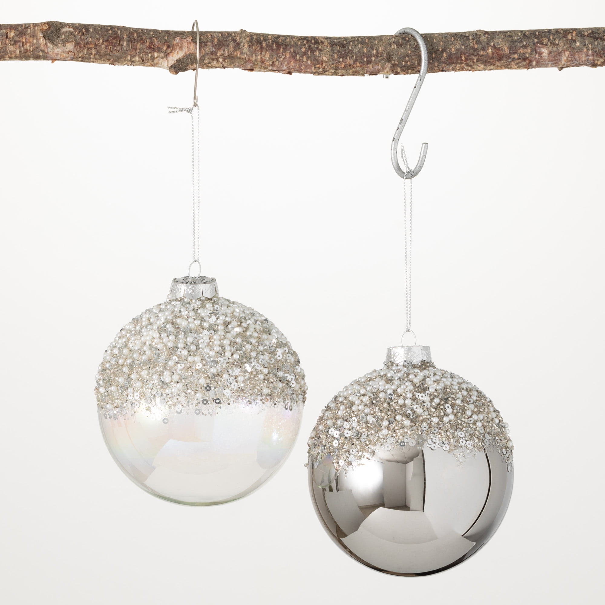 4"H Sullivans Glitter Ball Ornaments Set of 2, Silver Christmas Ornaments