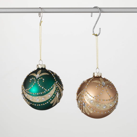 4"H Sullivans Green Gold Ball Christmas Ornament Set of 2