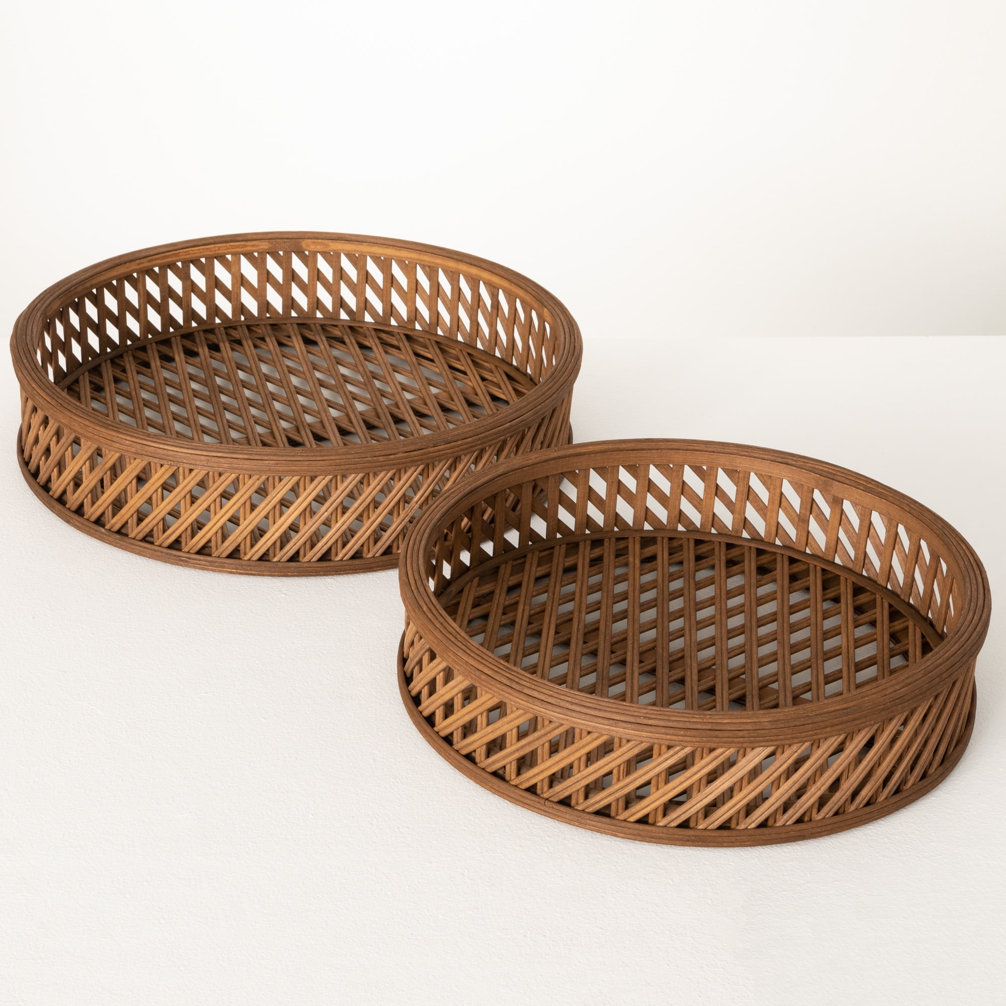 Natural Round Bamboo Decorative Tray Set of 2