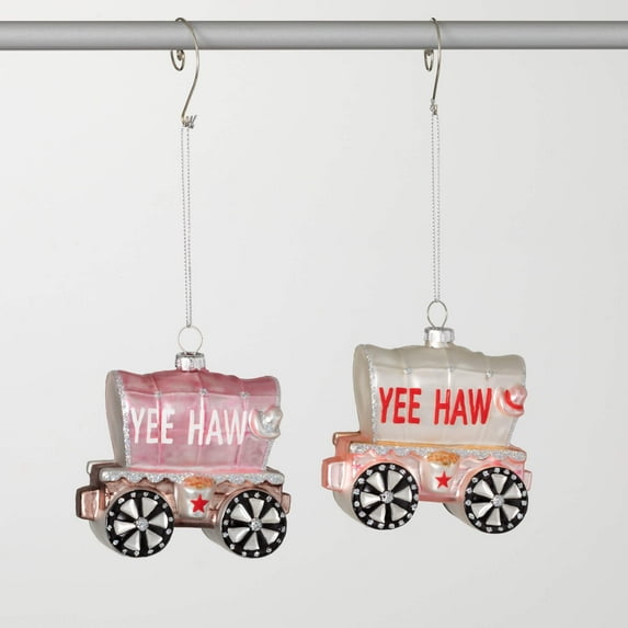 4"H Sullivans Pink Wagon Train Christmas Ornaments Set of 2, Multicolor