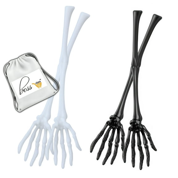 (4) Halloween Black and White Skeleton Hand Salad Tongs, 12.87 in. Kitchen Fork or Spoon Meal Servers Bread Dessert Spooky Utensils Tableware Dinner Buffet Home Party Prop Decoration