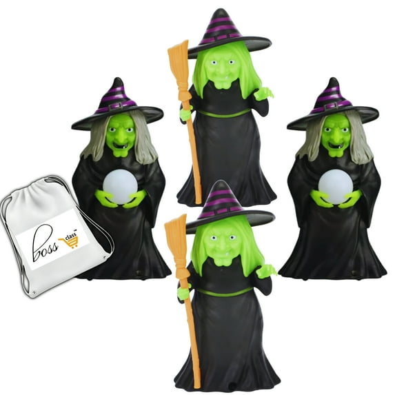 (4) Halloween Motion-Sensitive Cackling Witch, 6in Light-Up Animated Witches with Broom OR Crystal Ball MAY VARY Sound-Activated Creepy Displays Indoor Outdoor Haunted House Props Party Decoration