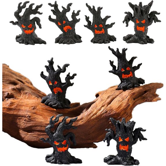 4 Halloween scene decorations, Halloween micro landscape accessories, ghost pile craftsmanship, resin micro statues, micro trees, demon decorations, suitable for garden flower pots, bonsai scene decor