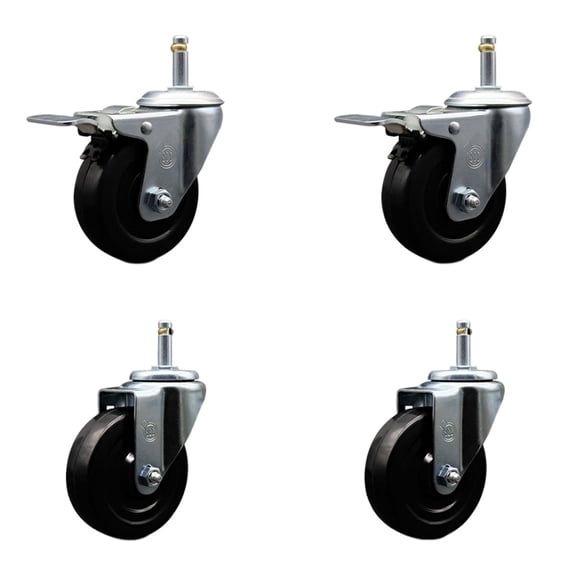 4 Hard Rubber Swivel 7/16 Inch Grip Ring Stem Caster Set 2 Total Lock Brakes