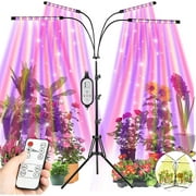 4-Head LED Grow Light for Indoor Plants With Stand, Full Spectrum Plant Light w/ Dual Remote Control, Adjustable Tripod 15-62 inch , 4/8/12H Timer, Red/Blue, 10 Dimmable Brightness & Auto ON/Off
