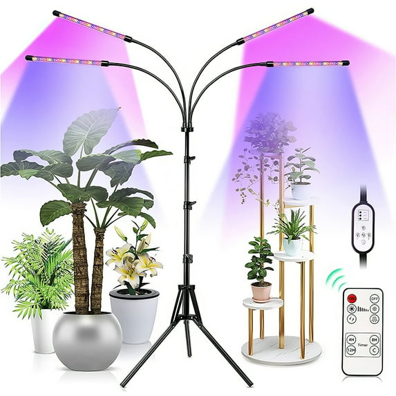 4 Heads 80 LED Full Spectrum Plants Grow Light, Red, Blue, Yellow Ttricolor Light, Rechargeable 1.6M Adjustable Tripod Floor Standing Grow Light with Remote Control