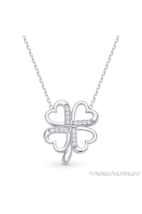 4-Heart Leaf Clover Charm Cubic Zirconia Crystal Pendant in .925 Sterling Silver