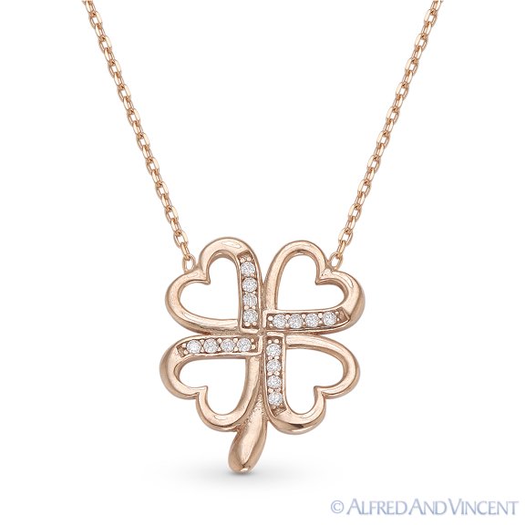 4-Heart Leaf Clover Charm Cubic Zirconia Crystal Pendant in .925 Sterling Silver