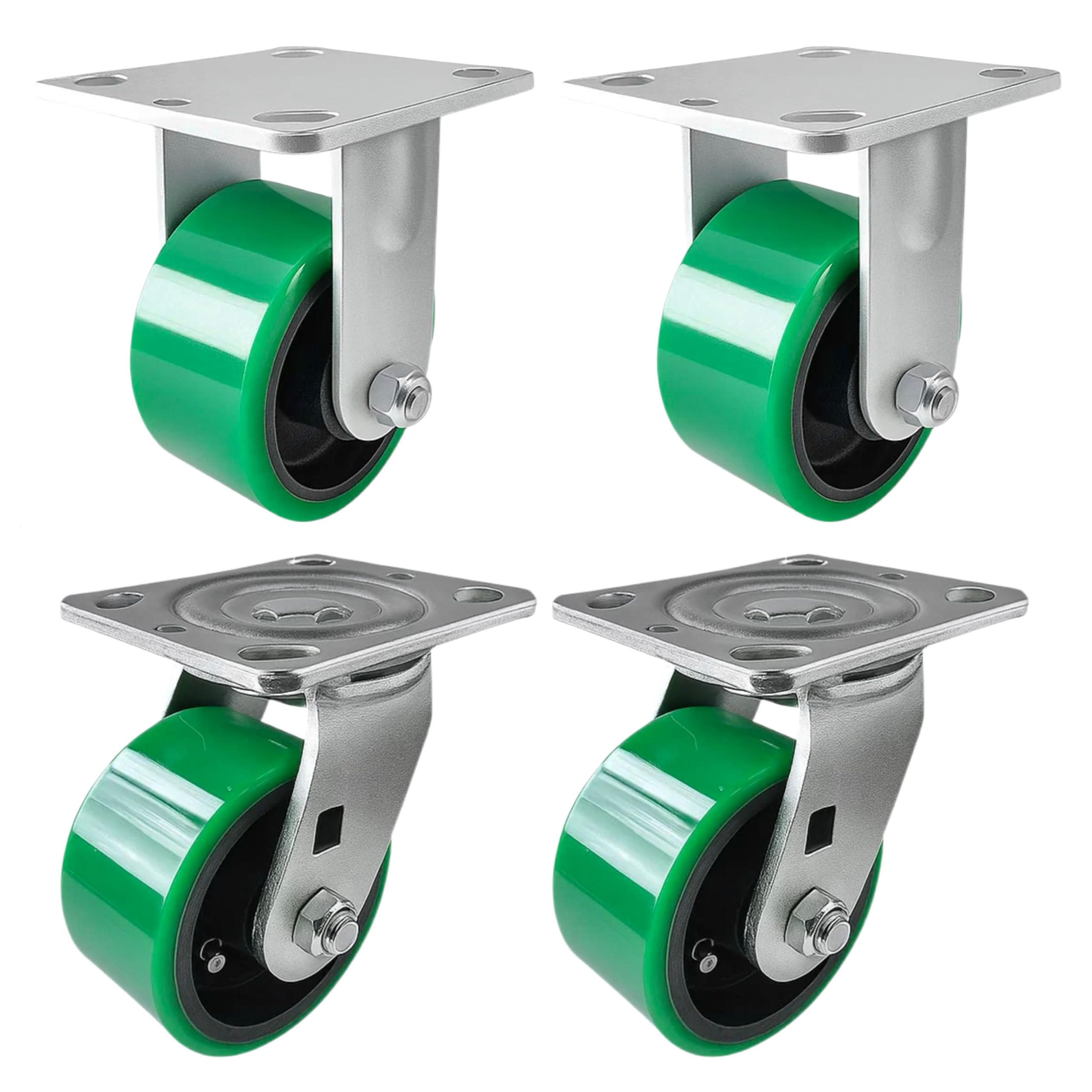 4 Heavy Duty Caster Set 4" Green Polyurethane on Cast Iron Wheels - 2 Rigid + 2 Swivel