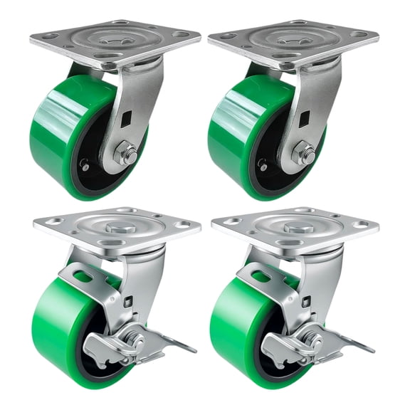 4 Heavy Duty Caster Set 4" Green Polyurethane on Cast Iron Wheels - 2 Swivel + 2 Swivel with Brake