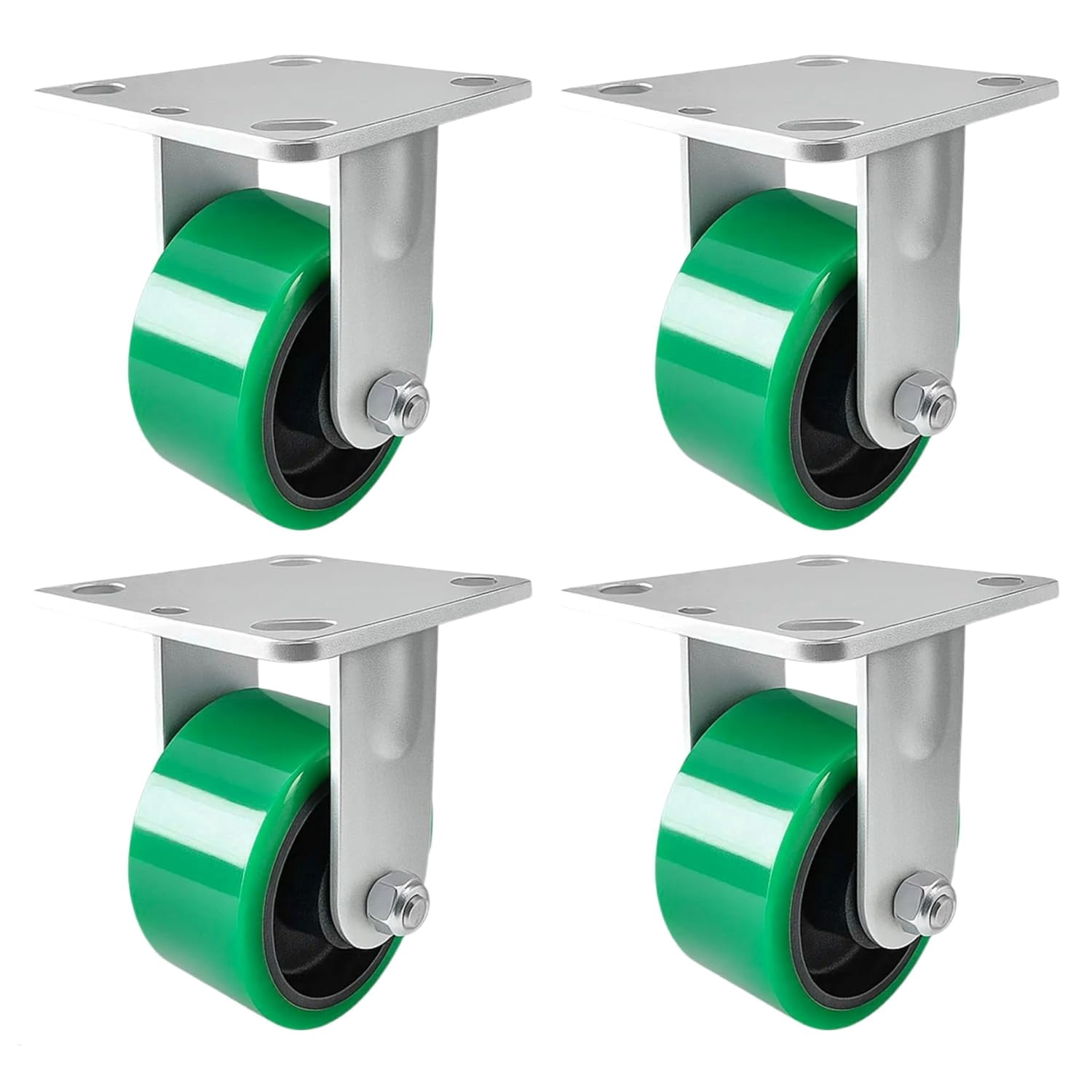 4 Heavy Duty Caster Set 4" Green Polyurethane on Cast Iron Wheels - 4 Rigid