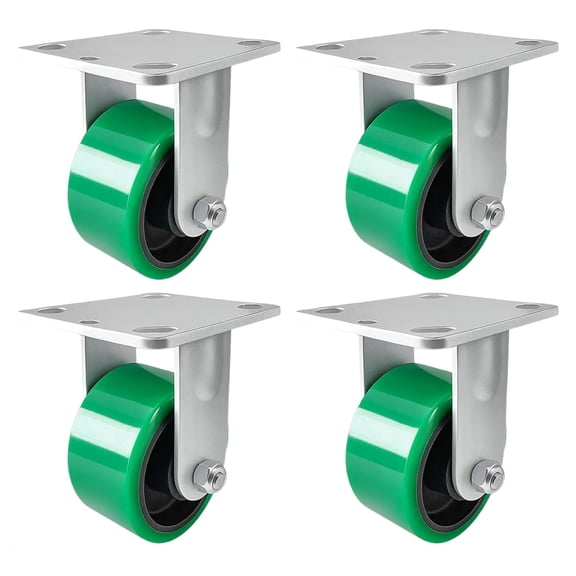 4 Heavy Duty Caster Set 4" Green Polyurethane on Cast Iron Wheels - 4 Rigid
