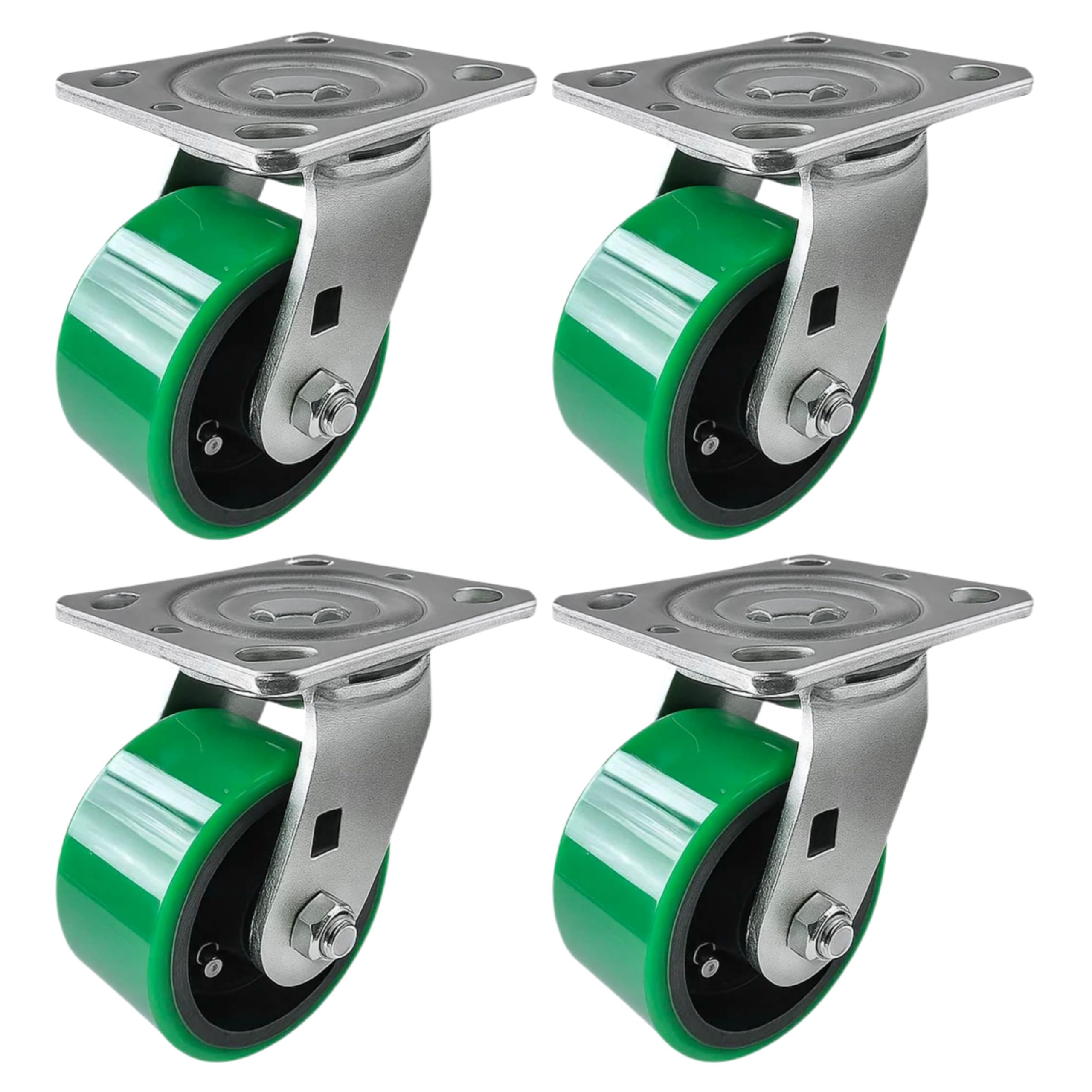 4 Heavy Duty Caster Set 4" Green Polyurethane on Cast Iron Wheels - 4 Swivel