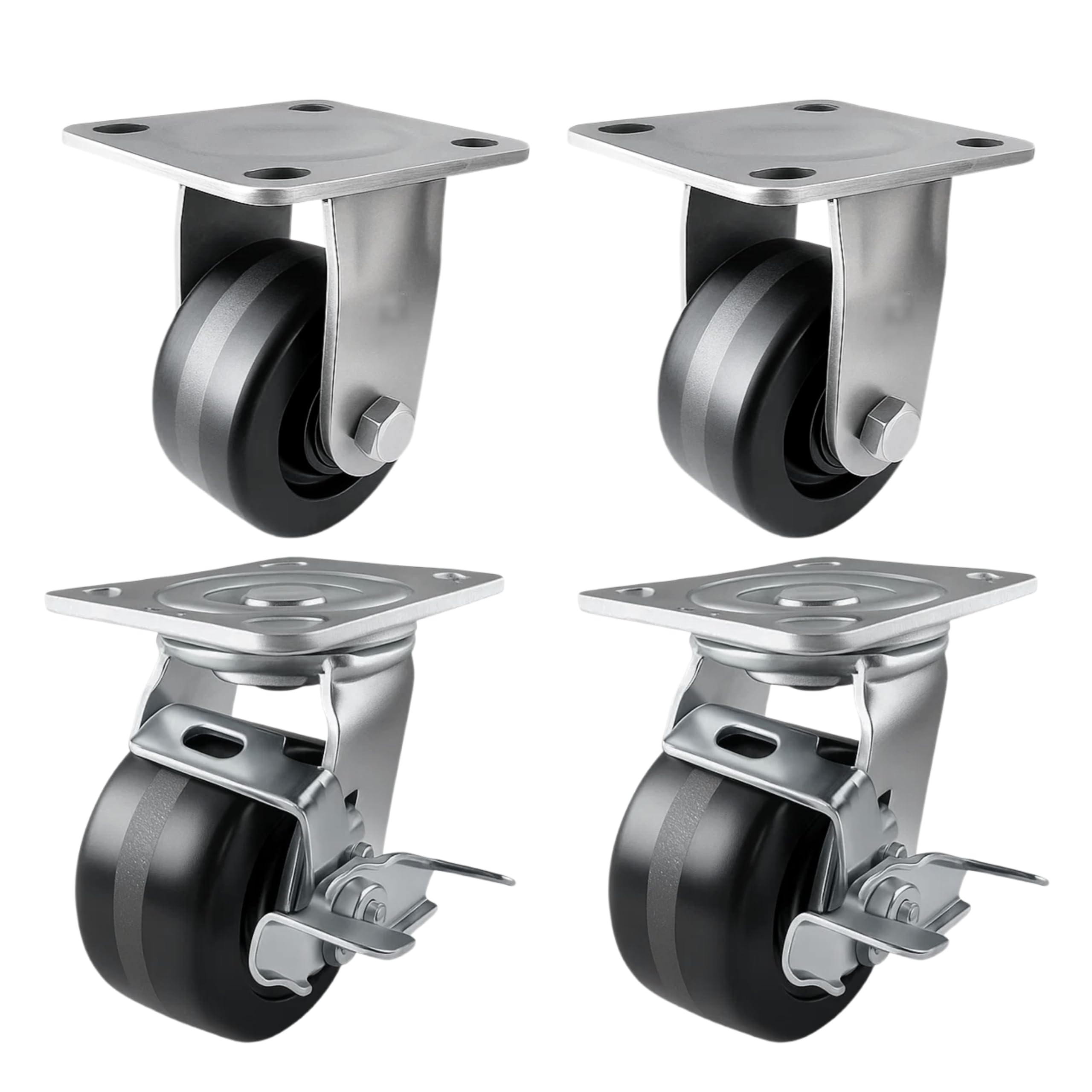 4 Heavy Duty Caster Set 4" Phenolic Wheels - 2 Rigid + 2 Swivel with Brake