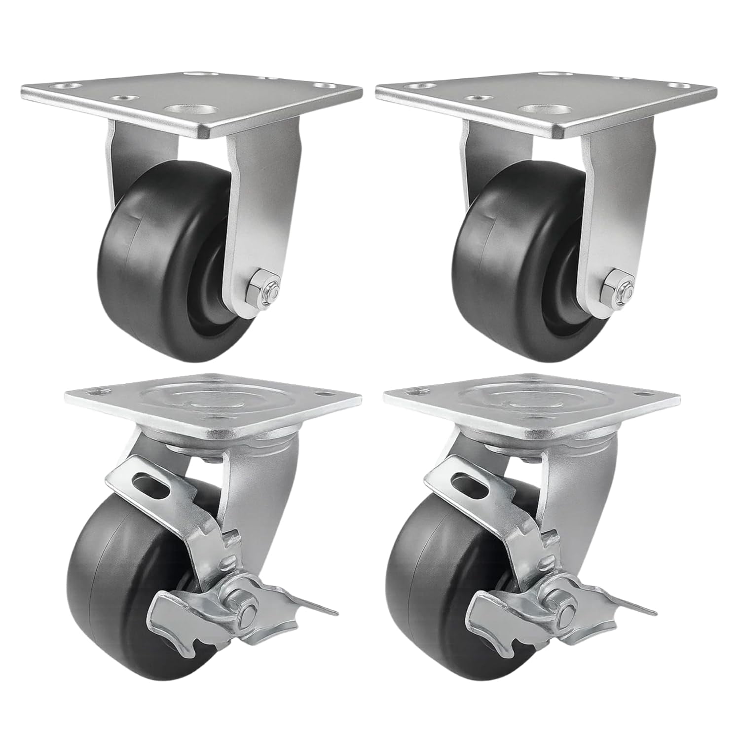 4 Heavy Duty Caster Set 4" Plastic Wheels - 2 Rigid + 2 Swivel with Brake