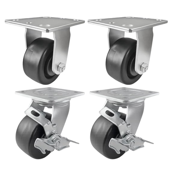 4 Heavy Duty Caster Set 4" Plastic Wheels - 2 Rigid + 2 Swivel with Brake