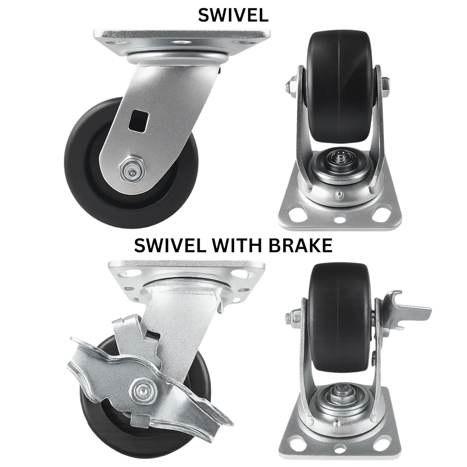 4 Heavy Duty Caster Set 4" Plastic Wheels - 2 Swivel + 2 Swivel with Brake