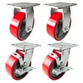 thumbnail image 1 of 4 Heavy Duty Caster Set 4" Red Polyurethane on Cast Iron Wheels - 2 Rigid + 2 Swivel with Brake, 1 of 4