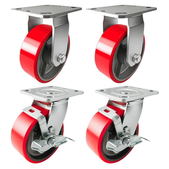 4 Heavy Duty Caster Set 4" Red Polyurethane on Cast Iron Wheels - 2 Rigid + 2 Swivel with Brake