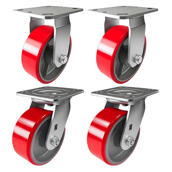 4 Heavy Duty Caster Set 4" Red Polyurethane on Cast Iron Wheels - 2 Rigid + 2 Swivel
