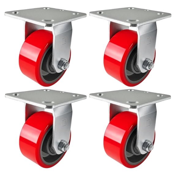 4 Heavy Duty Caster Set 4" Red Polyurethane on Cast Iron Wheels - 4 Rigid