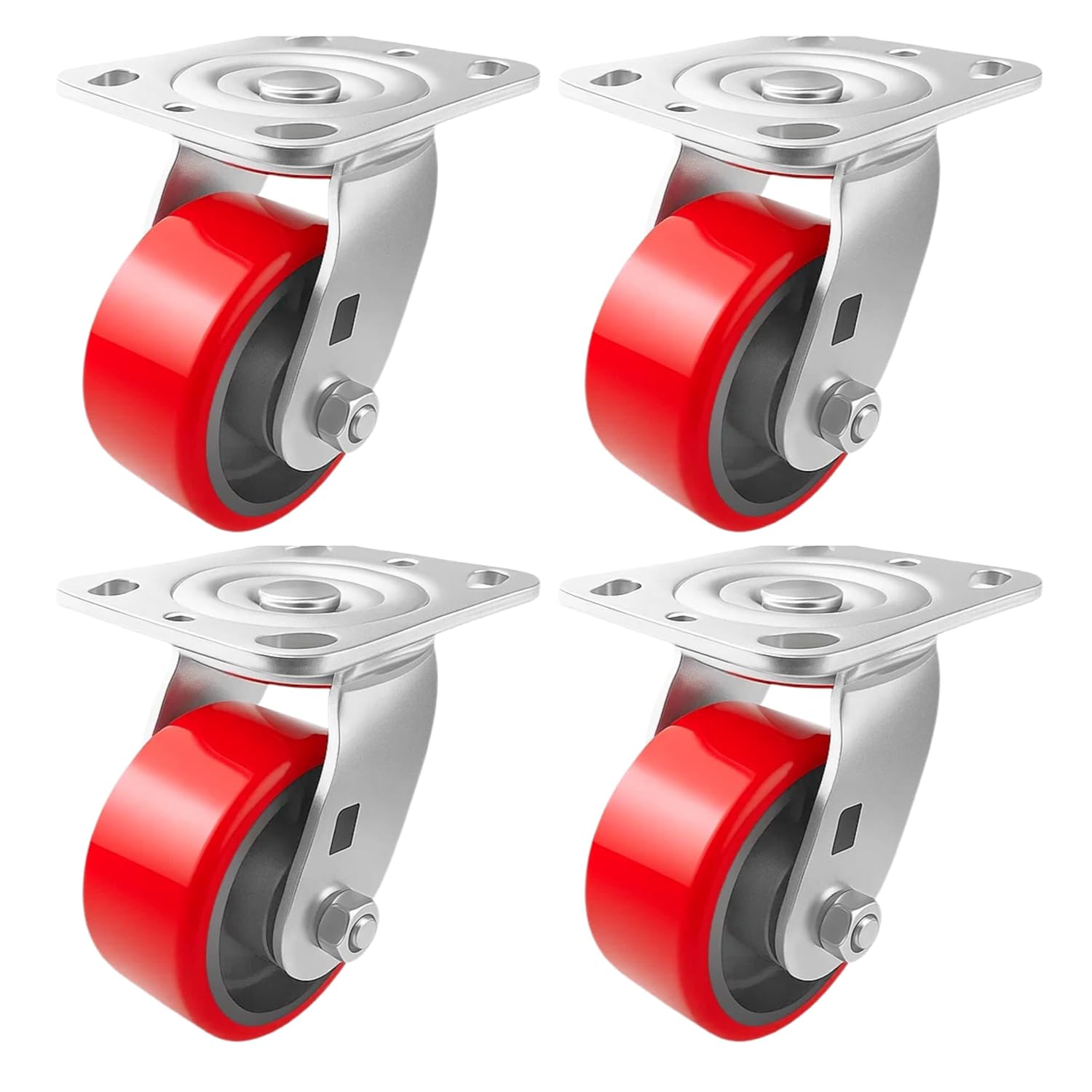 4 Heavy Duty Caster Set 4" Red Polyurethane on Cast Iron Wheels - 4 Swivel
