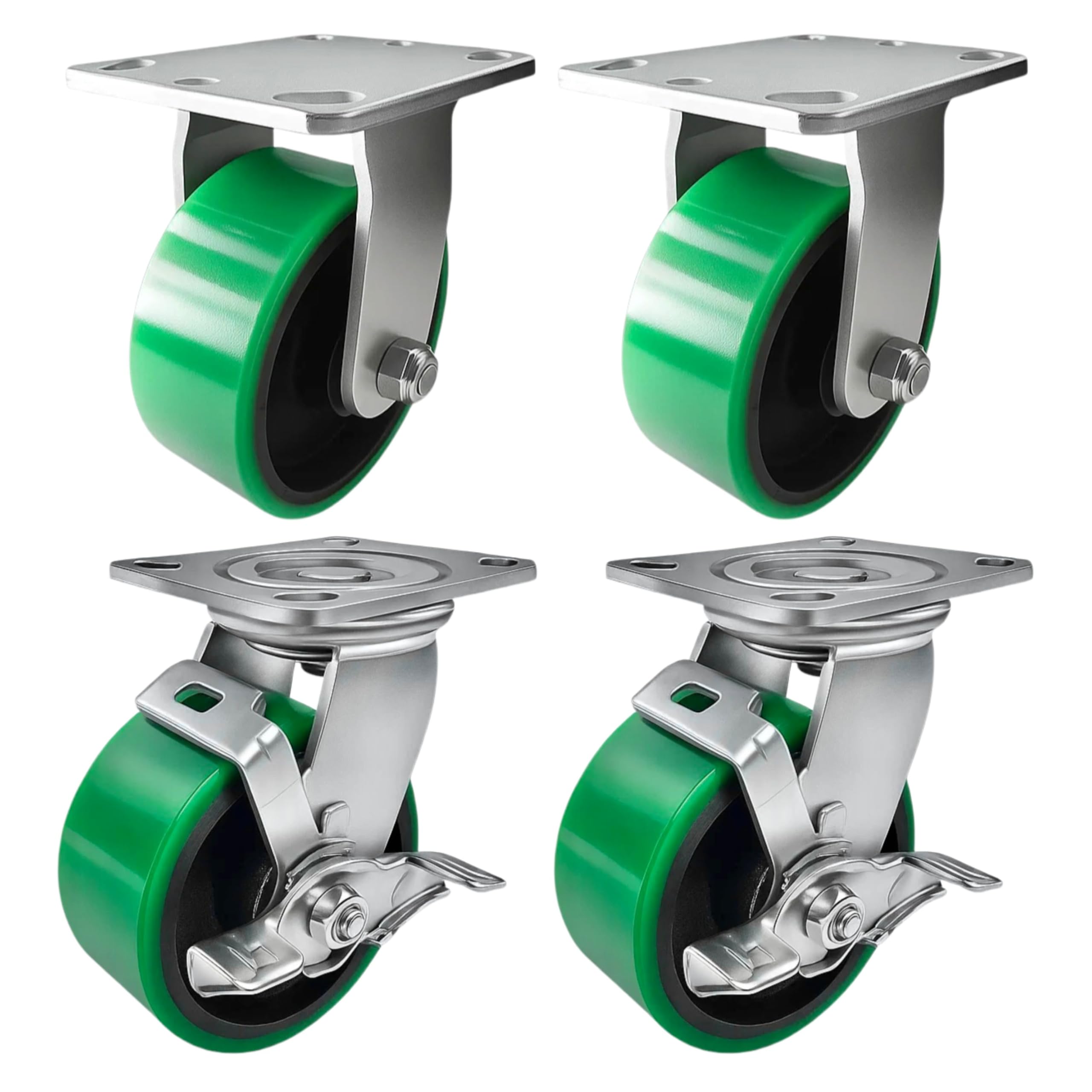 4 Heavy Duty Caster Set 5" Green Polyurethane on Cast Iron Wheels - 2 Rigid + 2 Swivel with Brake