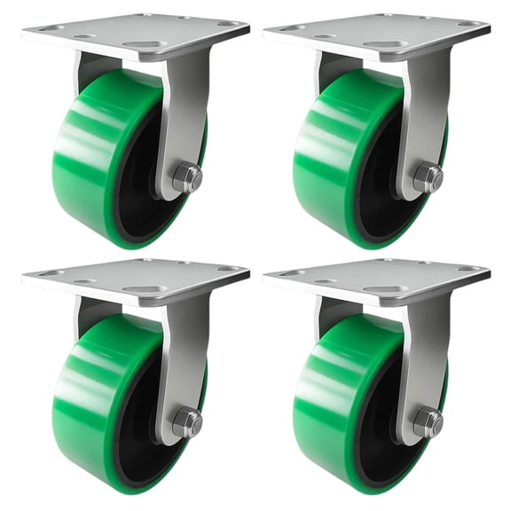 4 Heavy Duty Caster Set 5" Green Polyurethane on Cast Iron Wheels - 4 Rigid
