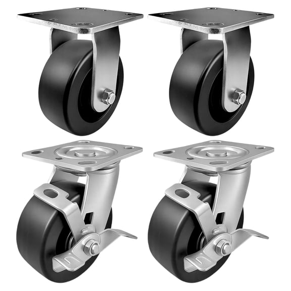 4 Heavy Duty Caster Set 5" Plastic Wheels - 2 Rigid + 2 Swivel with Brake