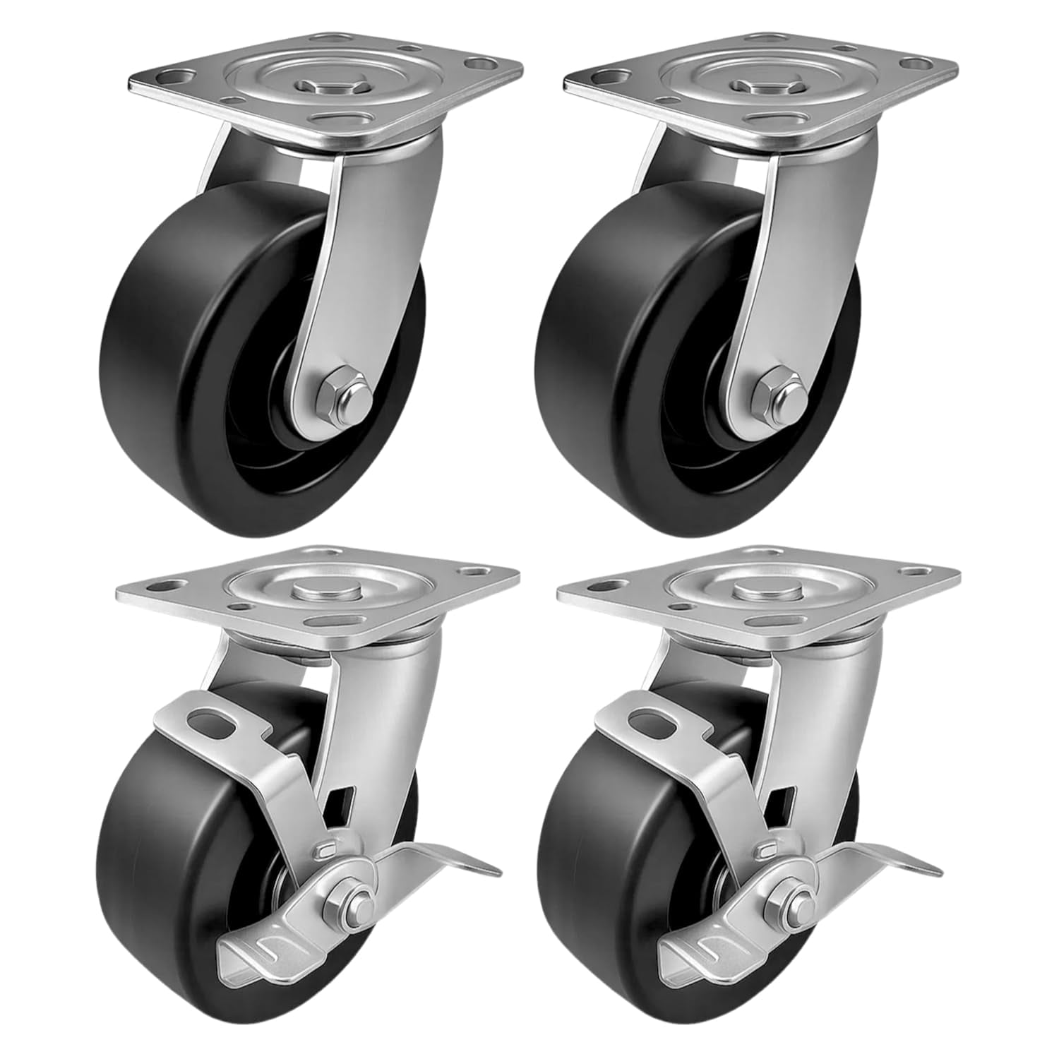 4 Heavy Duty Caster Set 5" Plastic Wheels - 2 Swivel + 2 Swivel with Brake