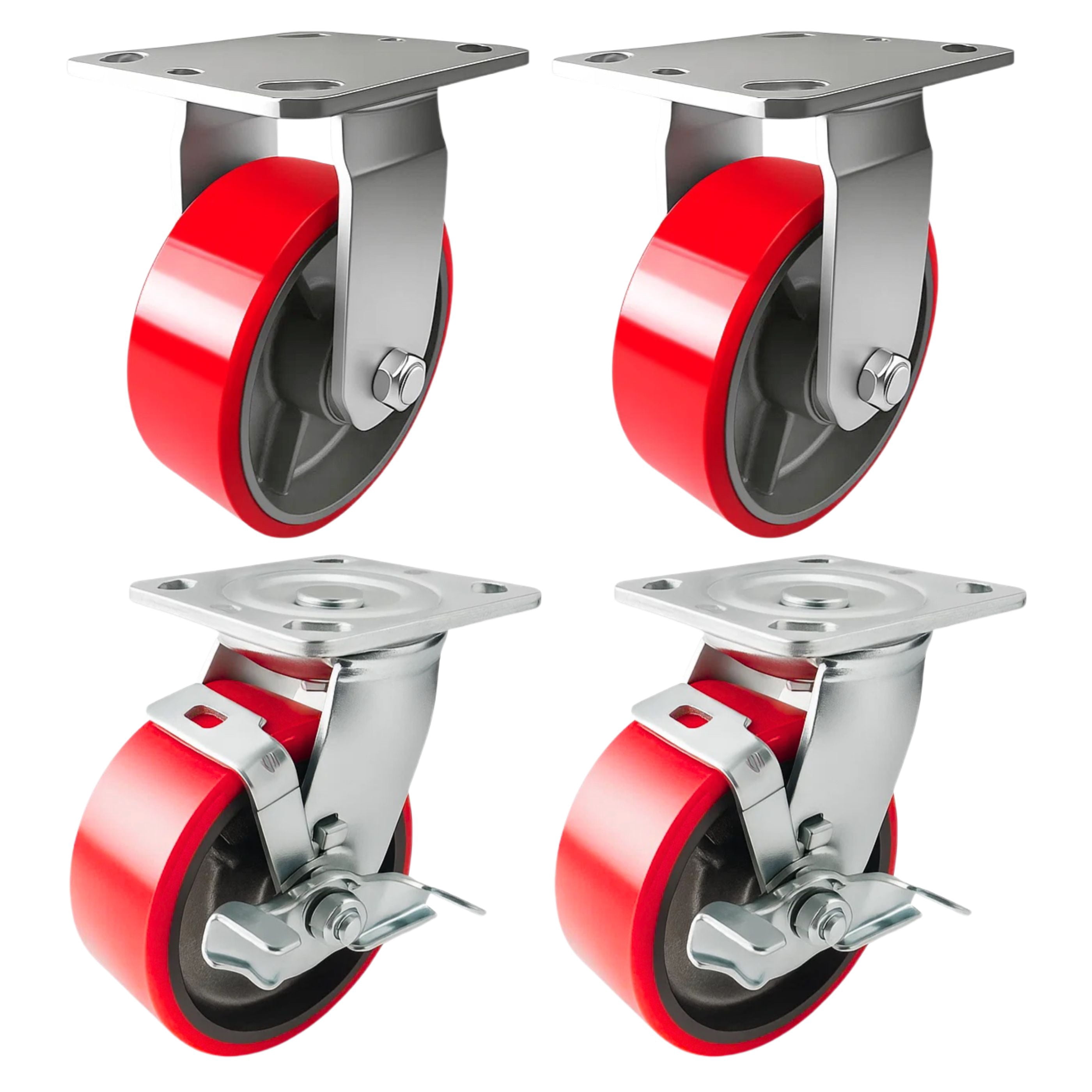 4 Heavy Duty Caster Set 5" Red Polyurethane on Cast Iron Wheels - 2 Rigid + 2 Swivel