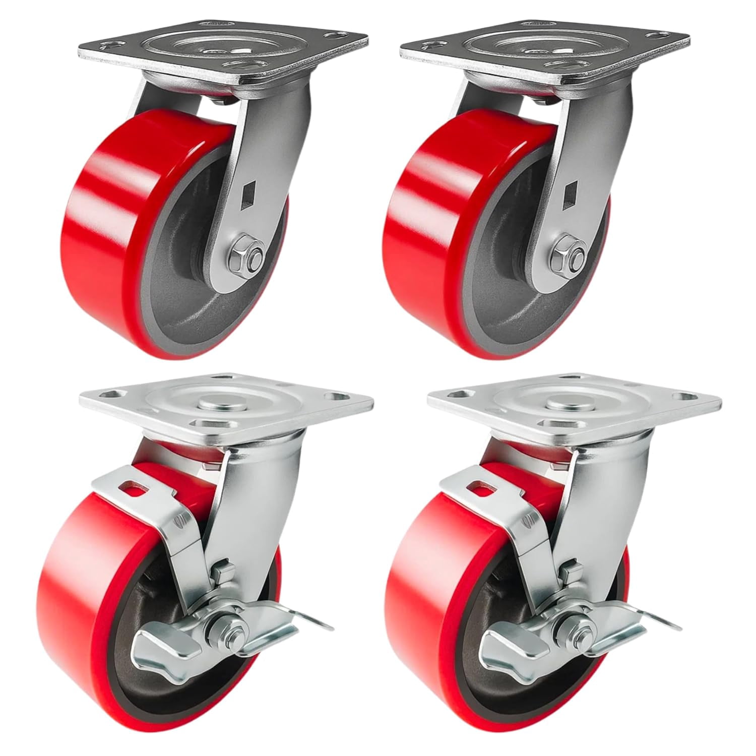 4 Heavy Duty Caster Set 5" Red Polyurethane on Cast Iron Wheels - 2 Swivel + 2 Swivel with Brake