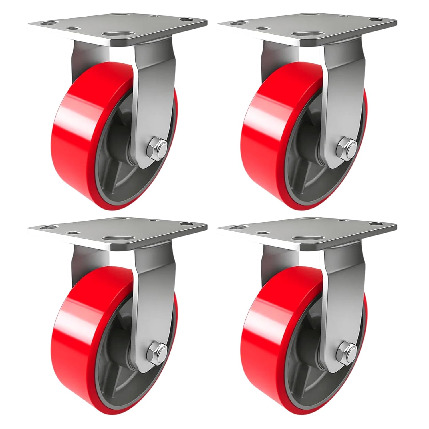 4 Heavy Duty Caster Set 5" Red Polyurethane on Cast Iron Wheels - 4 Rigid
